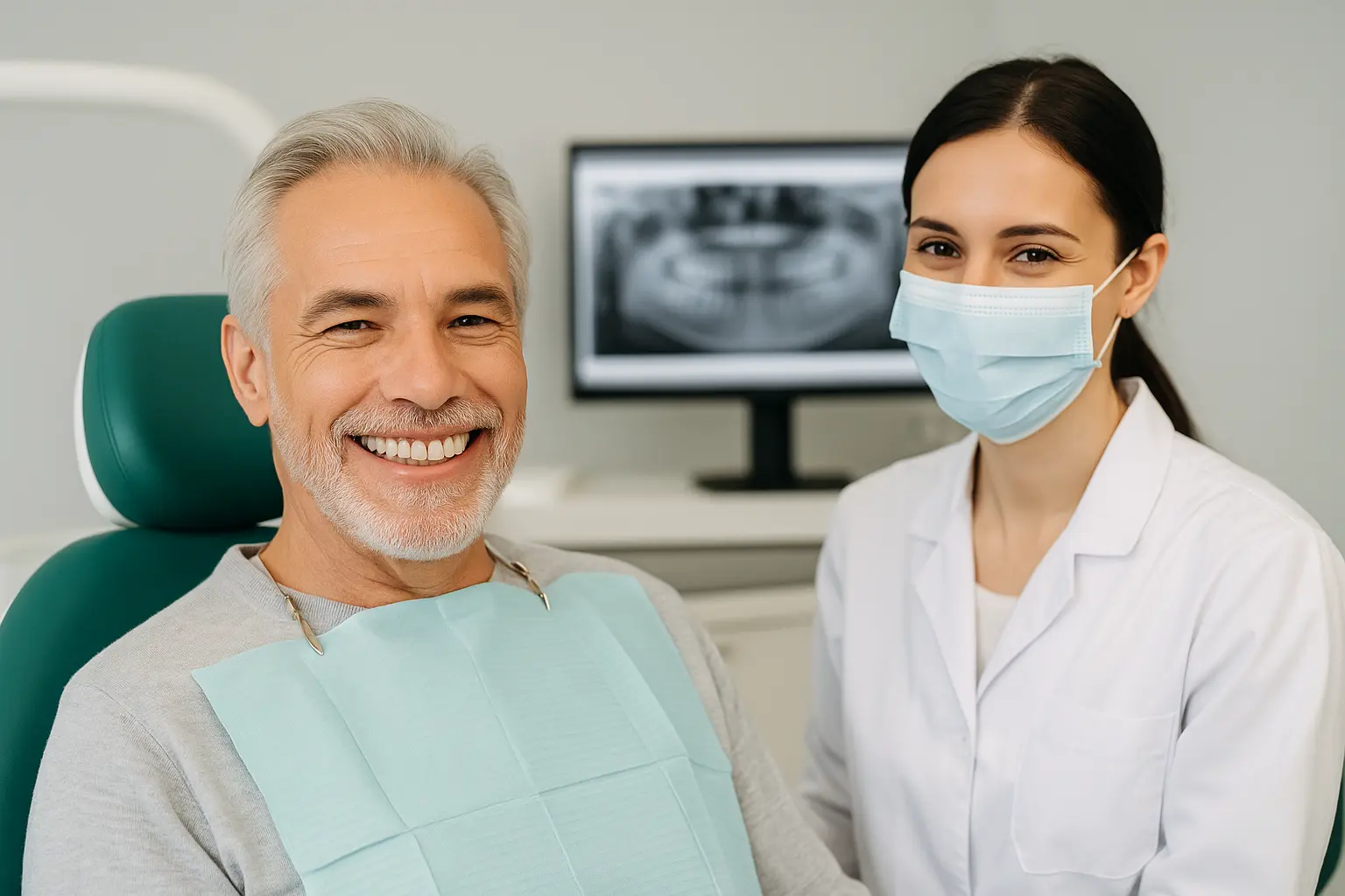 Paciente sorrindo em consultório odontológico moderno com dentista